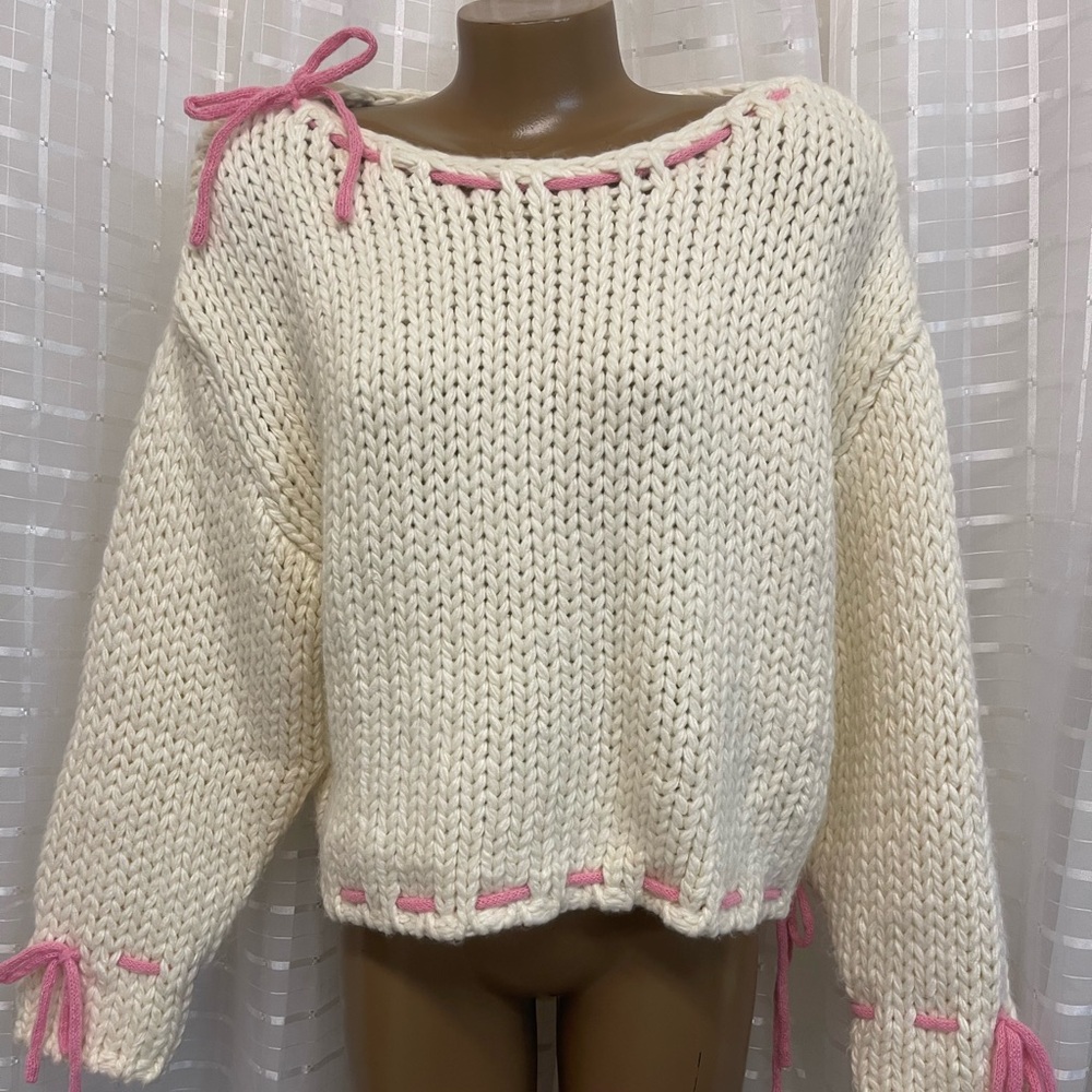 Cream and pink beginning boutique off the shoulder sweater